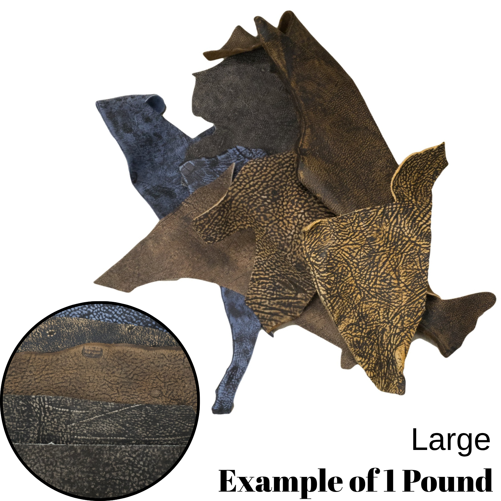 In Store - Giraffe, 4.5 - 5.5 oz, Chrome Tan Scrap, 1 pound Bag, | The Leather Guy