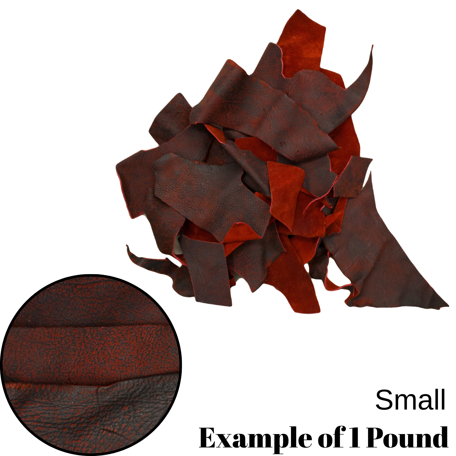 In Store - Giraffe, 4.5 - 5.5 oz, Chrome Tan Scrap, 1 pound Bag, Red / Small / 1/2 lb | The Leather Guy