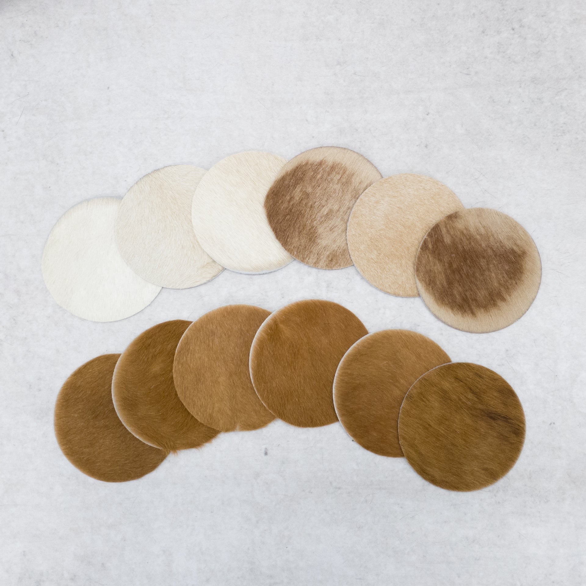 6pk Hair on Cow, Western Coaster Set, Round / Light Browns / 12 pk | The Leather Guy