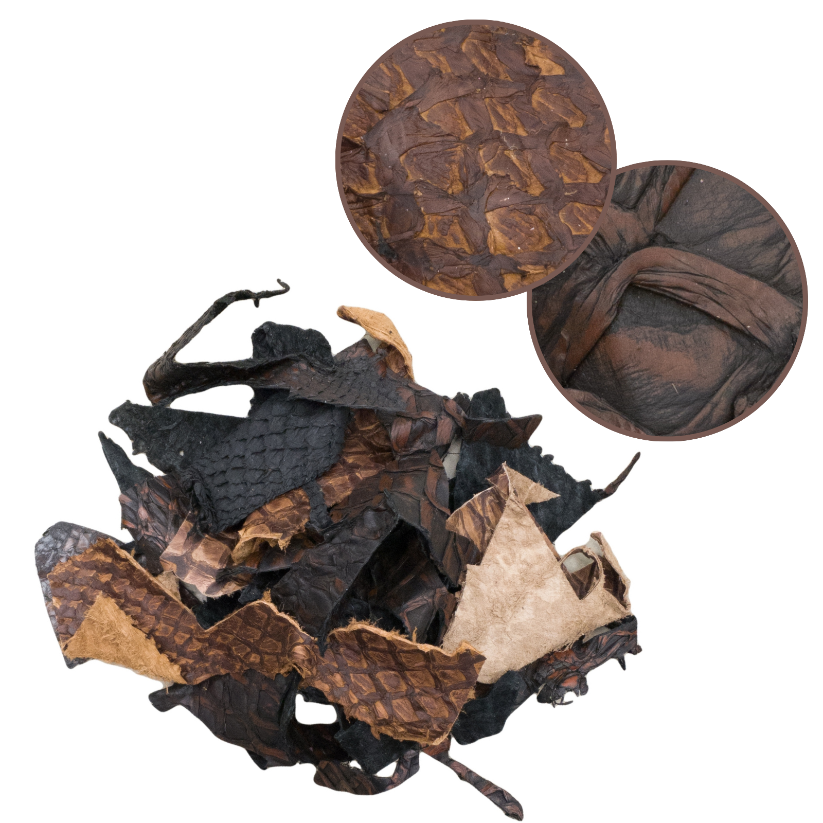 Pirarucu Amazon Bass leather Scrap Remnant Bags - 3-6 oz, Small Pieces / Brown Mix / 1 lb | The Leather Guy