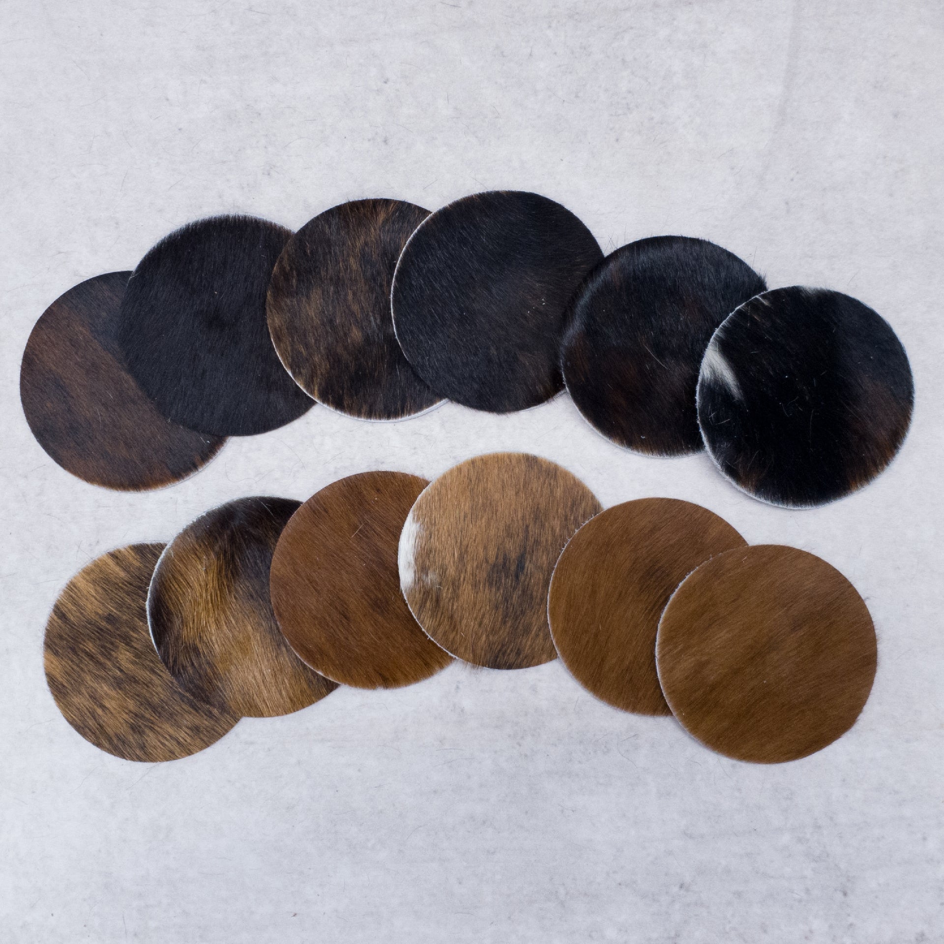 6pk Hair on Cow, Western Coaster Set, Round / Dark Browns / 12 pk | The Leather Guy