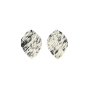 Spotted Light Black and Off White Hair On Die Cut Earrings, Medium Leaf | The Leather Guy