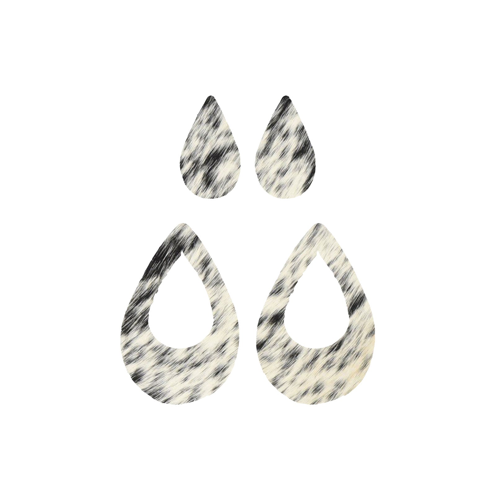 Spotted Light Black and Off White Hair On Die Cut Earrings, Medium Teardrop Window | The Leather Guy