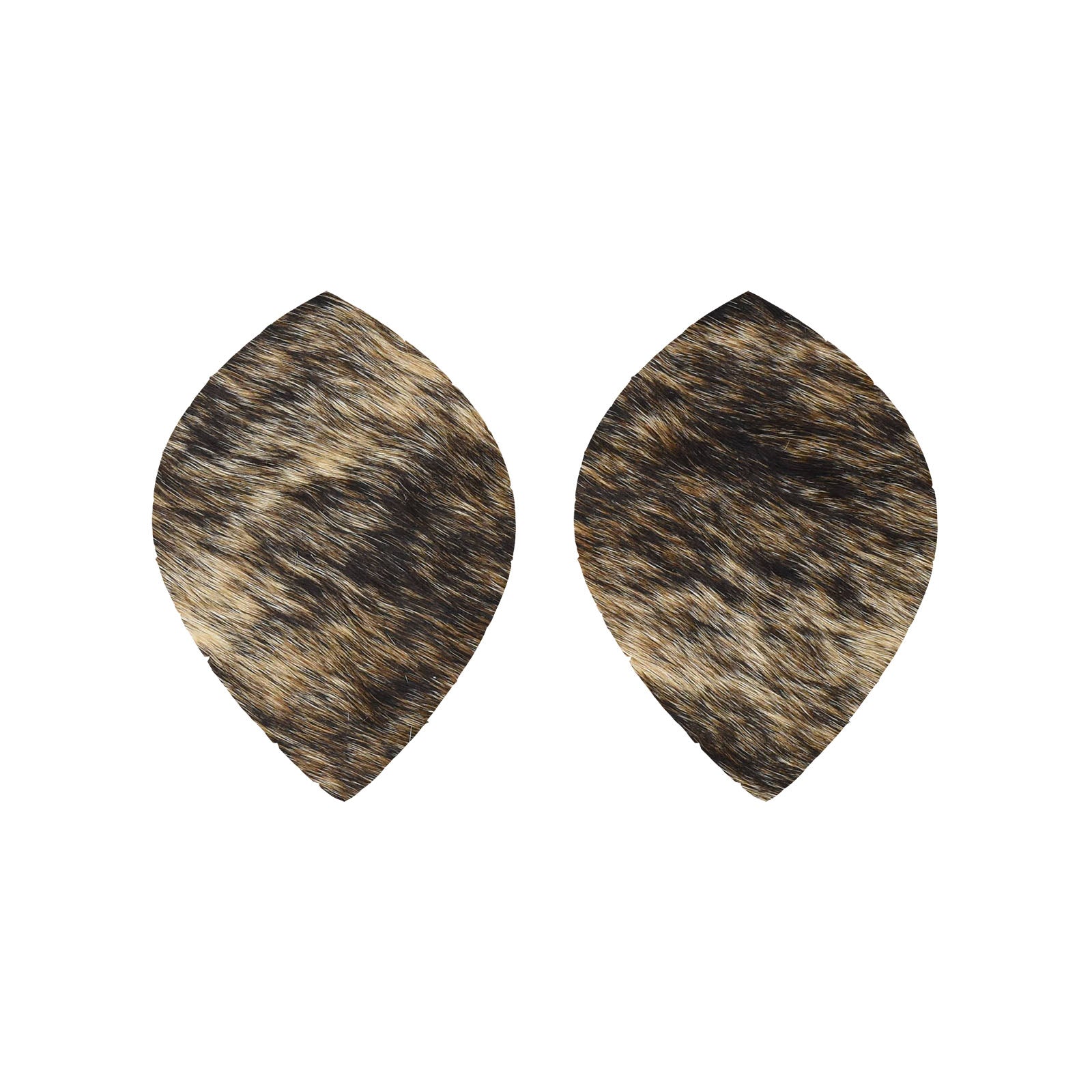 Light Brindle Light to Medium Brown, Black, and Off-White Hair On Die Cut Earrings, Large Leaf | The Leather Guy