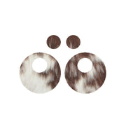 Bi-Color Medium Brown and Off-White Hair On Die Cut Earrings, Circle Window | The Leather Guy