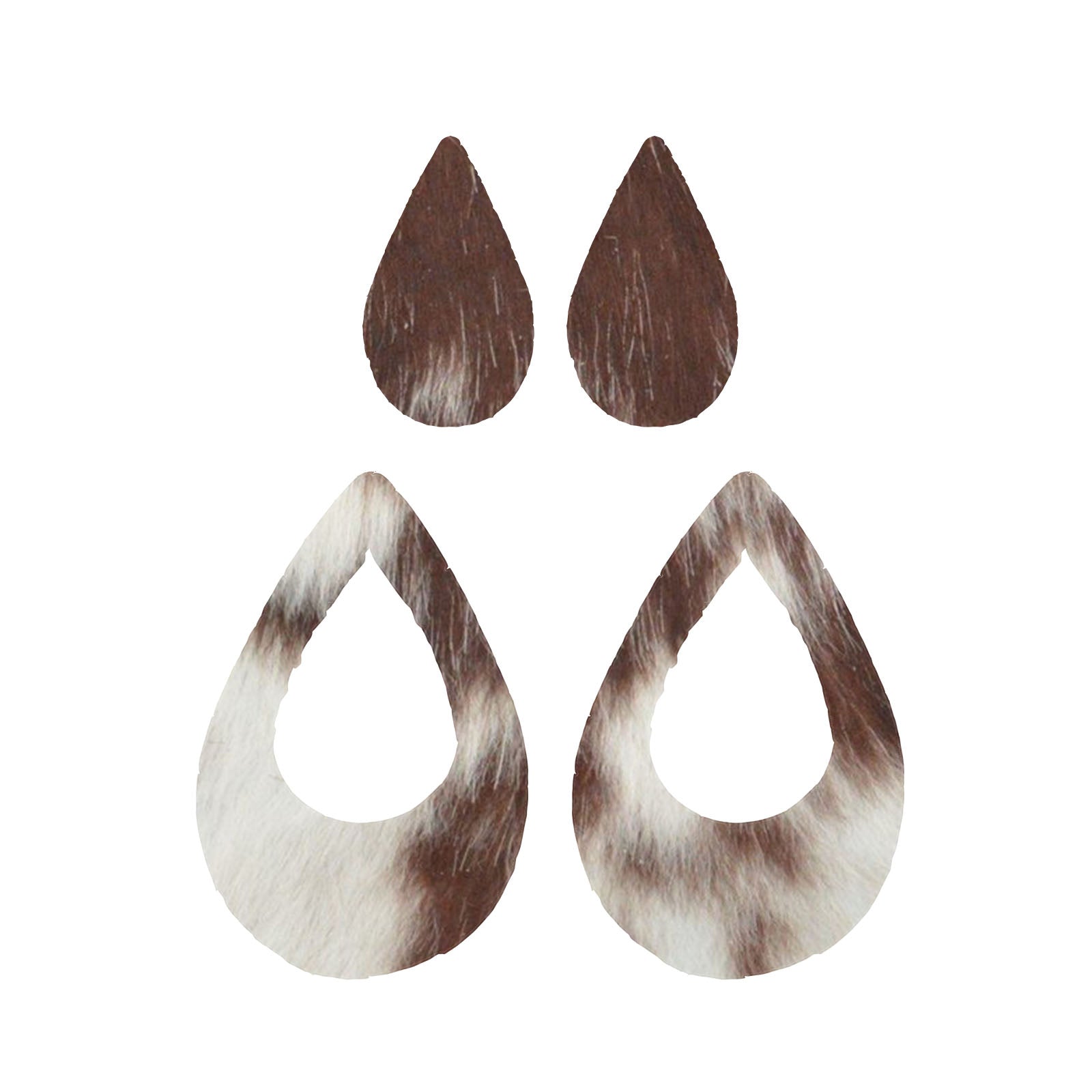 Bi-Color Medium Brown and Off-White Hair On Die Cut Earrings, Large Teardrop Window | The Leather Guy