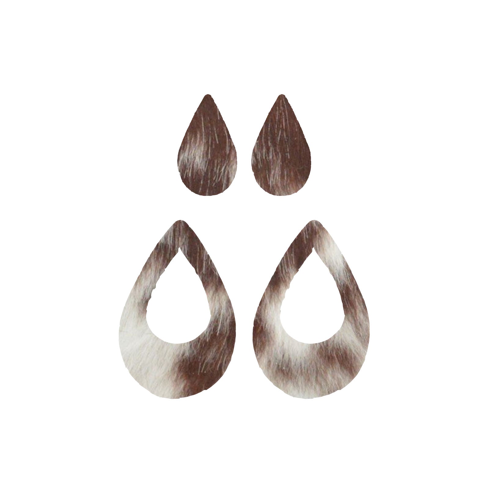 Bi-Color Medium Brown and Off-White Hair On Die Cut Earrings, Medium Teardrop Window | The Leather Guy