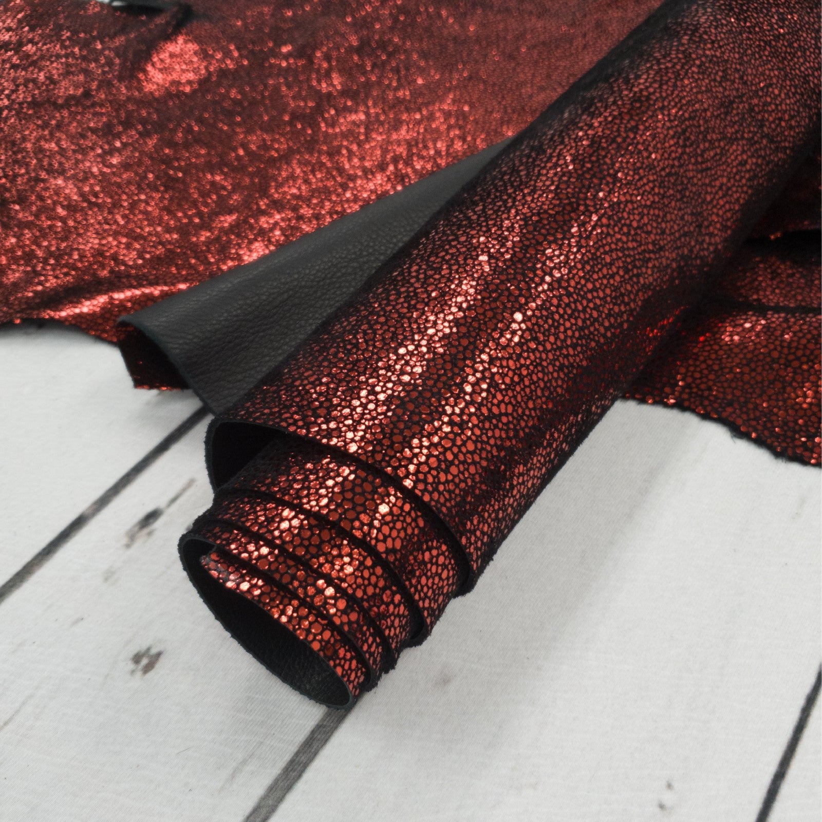 Metallic Red Sizzling Stingray 2-3 oz Cow Hides,  | The Leather Guy