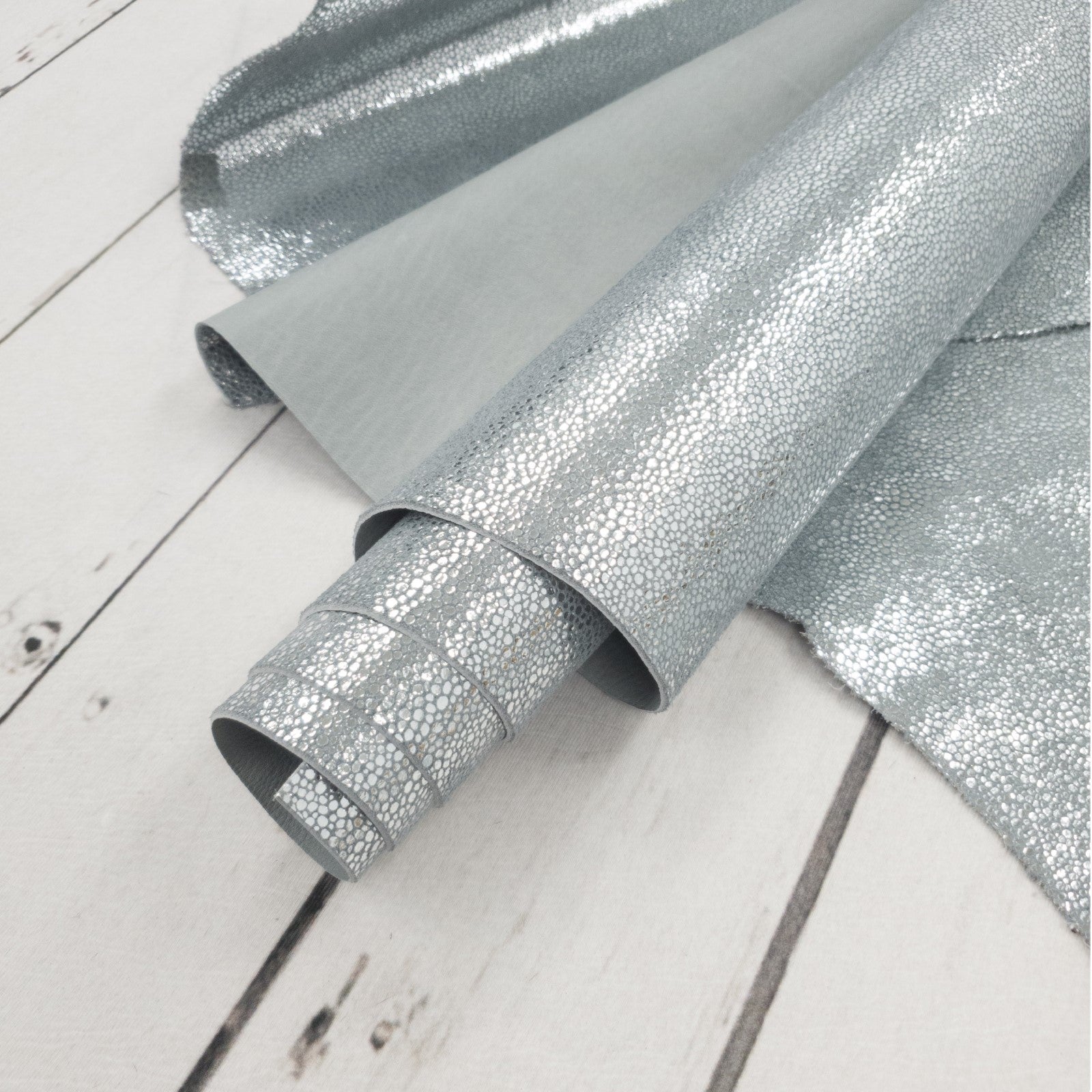 Metallic Silver Sizzling Stingray 2-3 oz Cow Hides,  | The Leather Guy