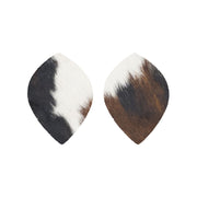 Tri-Colored Black/Brown/Off White Hair On Die Cut Earrings, Large Leaf | The Leather Guy