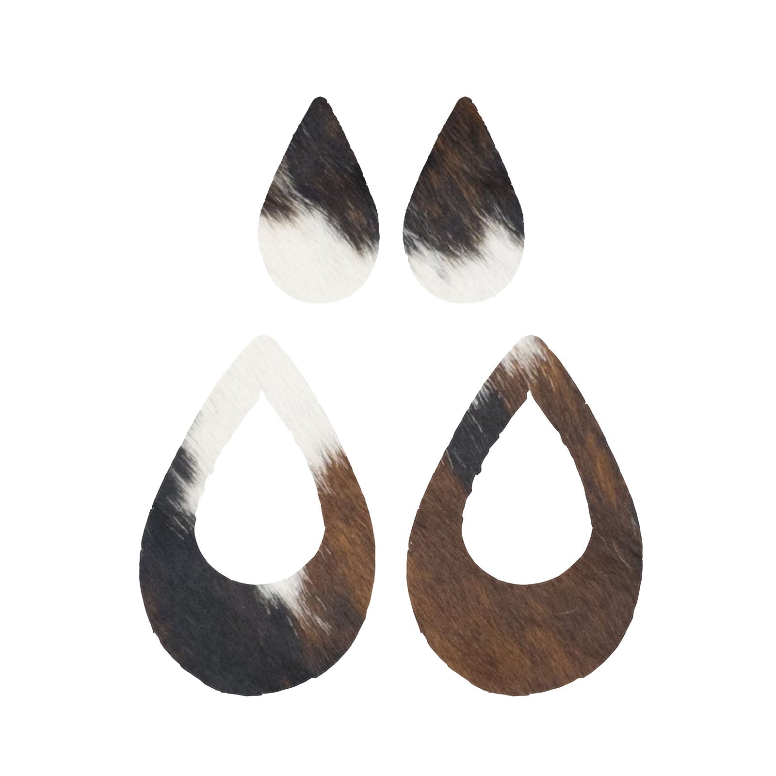 Tri-Colored Black/Brown/Off White Hair On Die Cut Earrings, Large Teardrop Window | The Leather Guy