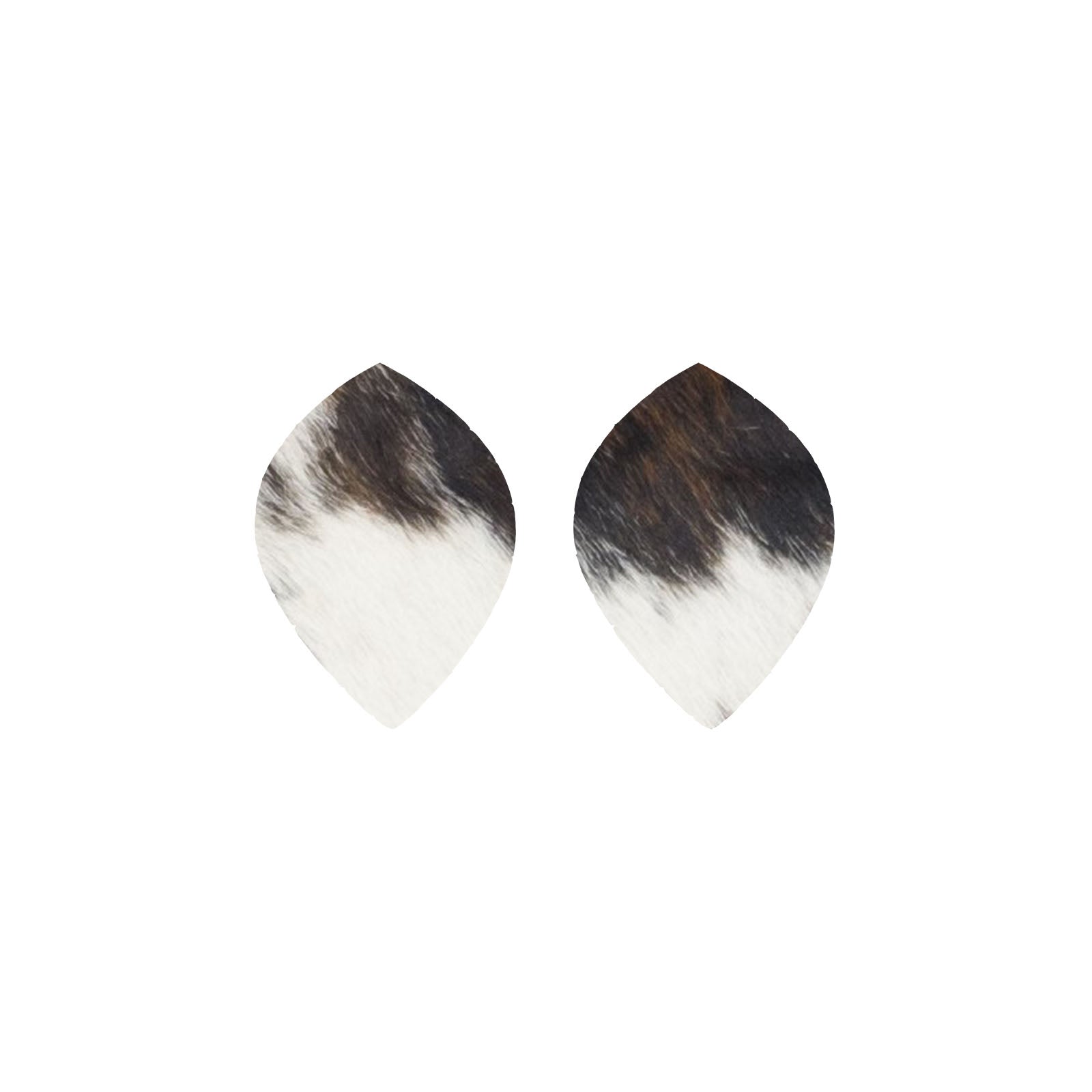 Tri-Colored Black/Brown/Off White Hair On Die Cut Earrings, Medium Leaf | The Leather Guy