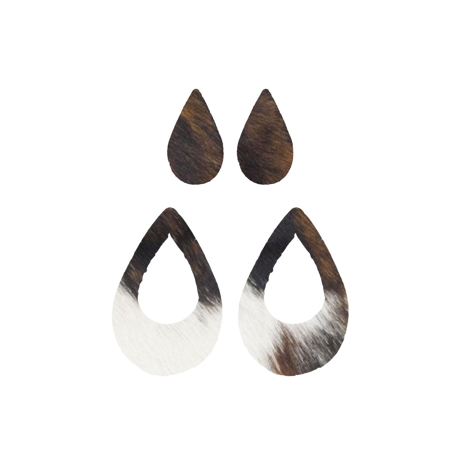 Tri-Colored Black/Brown/Off White Hair On Die Cut Earrings, Medium Teardrop Window | The Leather Guy