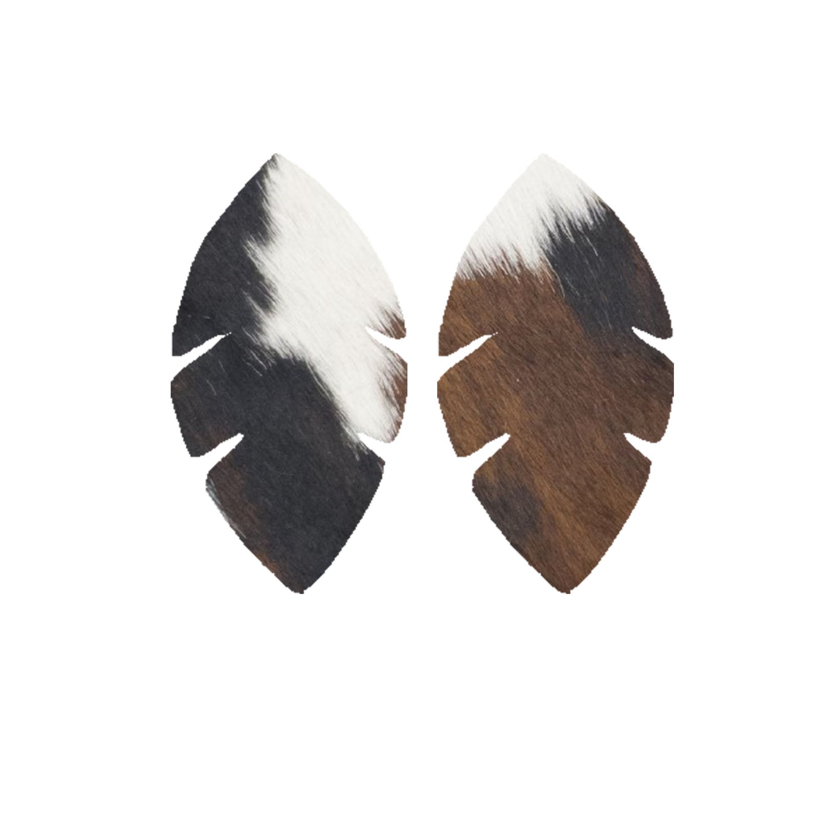 Tri-Colored Black/Brown/Off White Hair On Die Cut Earrings, Palm Leaf | The Leather Guy